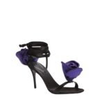 MAGDA BUTRYM DOUBLE PURPLE FLOWER HEEL SANDALS IN BLACK SATIN