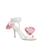 MAGDA BUTRYM PINK FLOWER WRAP AROUND CREAM SATIN HEEL SANDALS