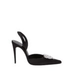 MAGDA BUTRYM HEART-EMBELLISHED SLINGBACK HEELS IN BLACK SATIN