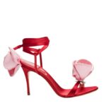 MAGDA BUTRYM DOUBLE PINK FLOWER HEEL SANDALS IN RED SATIN
