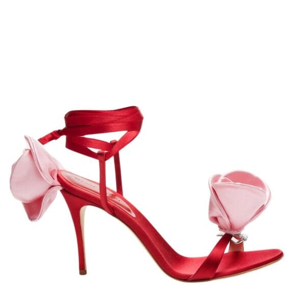MAGDA BUTRYM DOUBLE PINK FLOWER HEEL SANDALS IN RED SATIN