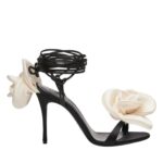 MAGDA BUTRYM DOUBLE IVORY FLOWER HEEL SANDALS IN BLACK SATIN