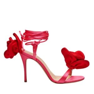 MAGDA BUTRYM DOUBLE RED FLOWER HEEL SANDALS IN FUCHSIA SATIN