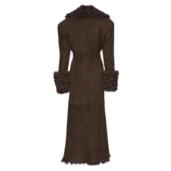 MAGDA BUTRYM LONG BELTED SUEDE SHEARLING COAT IN BROWN