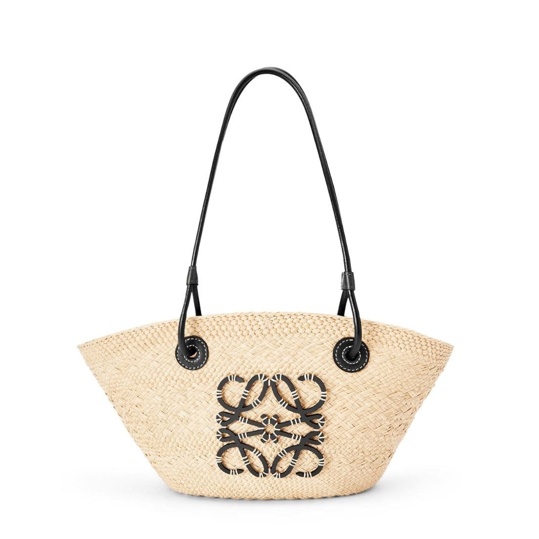 LOEWE SMALL ANAGRAM BASKET BAG IN IRACA PALM AND CALFSKIN