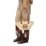 LOEWE SMALL ANAGRAM BASKET BAG IN IRACA PALM AND CALFSKIN
