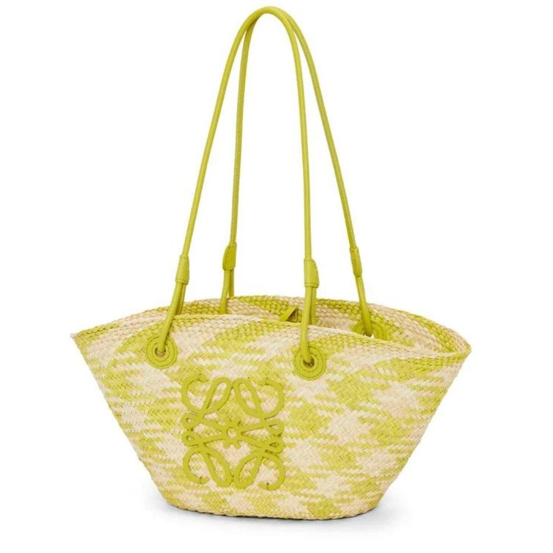 LOEWE SMALL ANAGRAM BASKET BAG IN IRACA PALM AND CALFSKIN