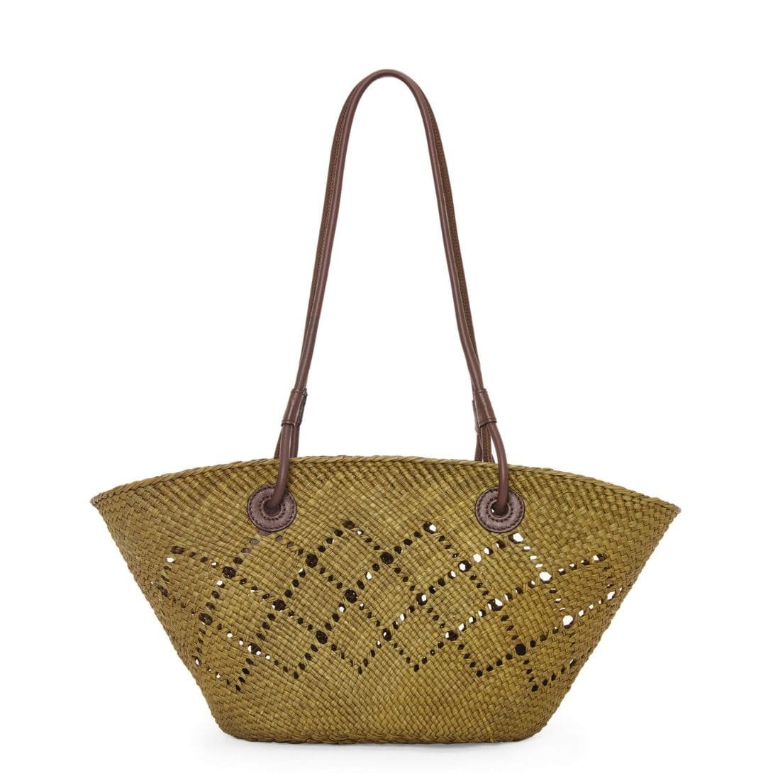 LOEWE SMALL ANAGRAM BASKET BAG IN IRACA PALM AND CALFSKIN