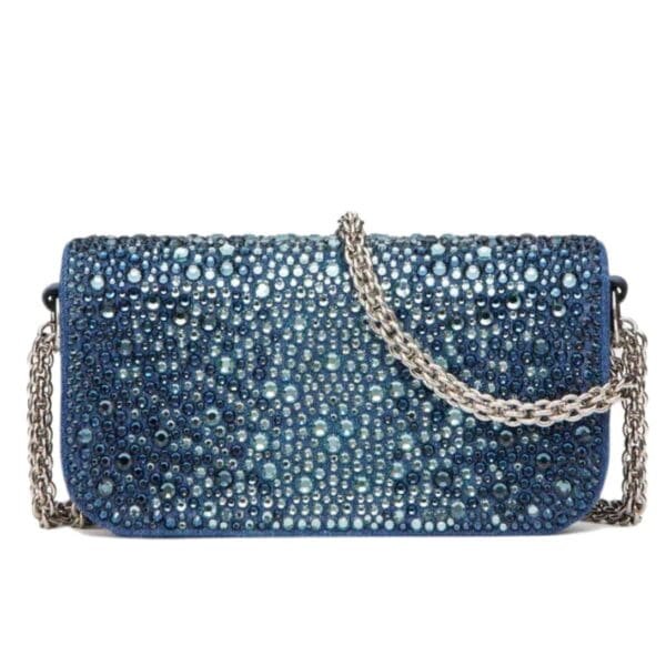 SMALL VALENTINO GARAVANI LOCÒ DENIM SHOULDER BAG WITH RHINESTONES