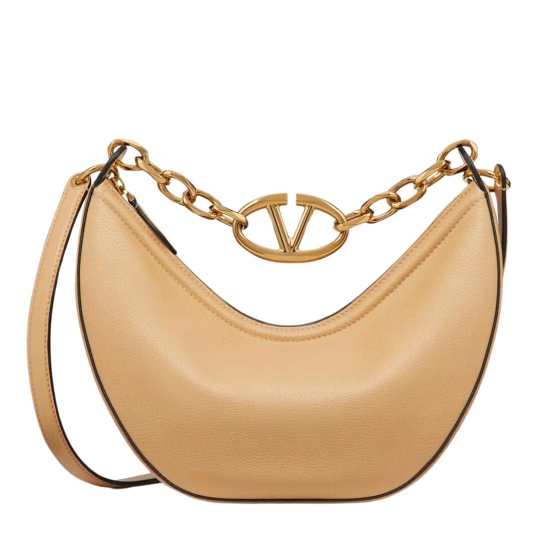 VALENTINO GARAVANI SMALL VLOGO MOON HOBO BAG IN GRAINY CALFSKIN WITH CHAIN