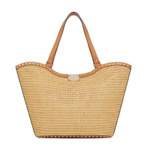 VALENTINO GARAVANI ROCKSTUD WOVEN RAFFIA SHOPPING BAG