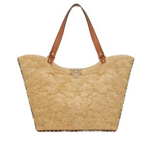 vVALENTINO GARAVANI ROCKSTUD WOVEN RAFFIA SHOPPING BAG