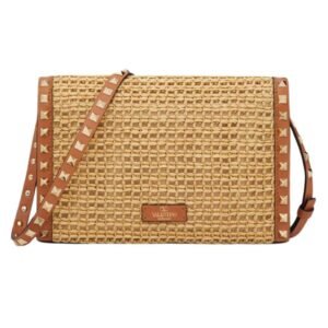 VALENTINO GARAVANI SMALL ROCKSTUD SHOULDER BAG IN WOVEN RAFFIA