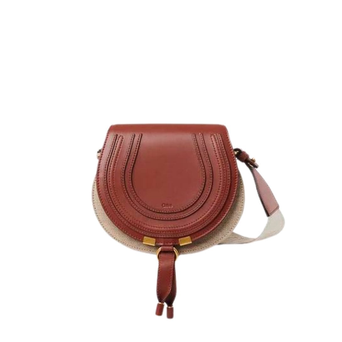 CHLOE SMALL MARCIE SADDLE BAG IN LINEN & SMOOTH LEATHER SEPIA BROWN