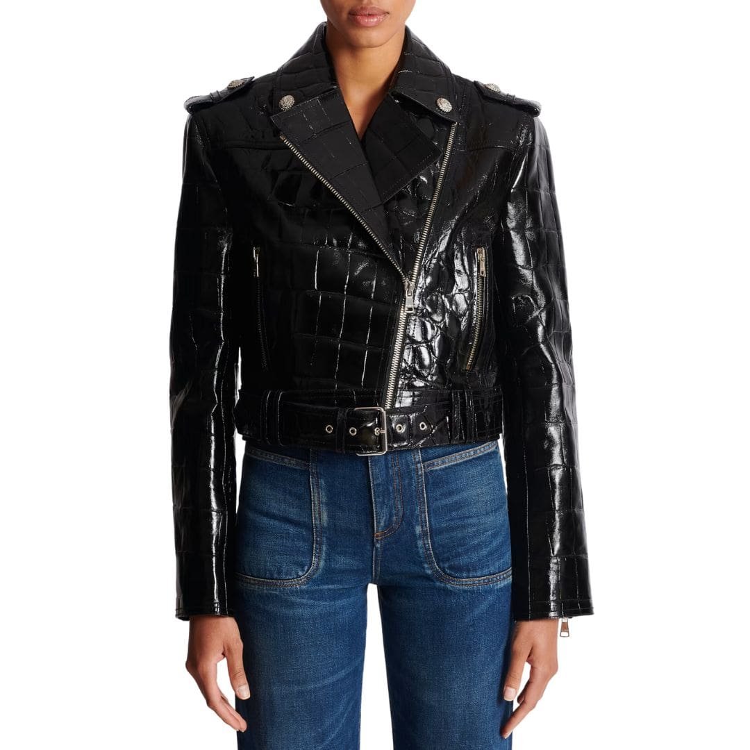 BALMAIN  CROCODILE EFFECT LEATHER BIKER JACKET