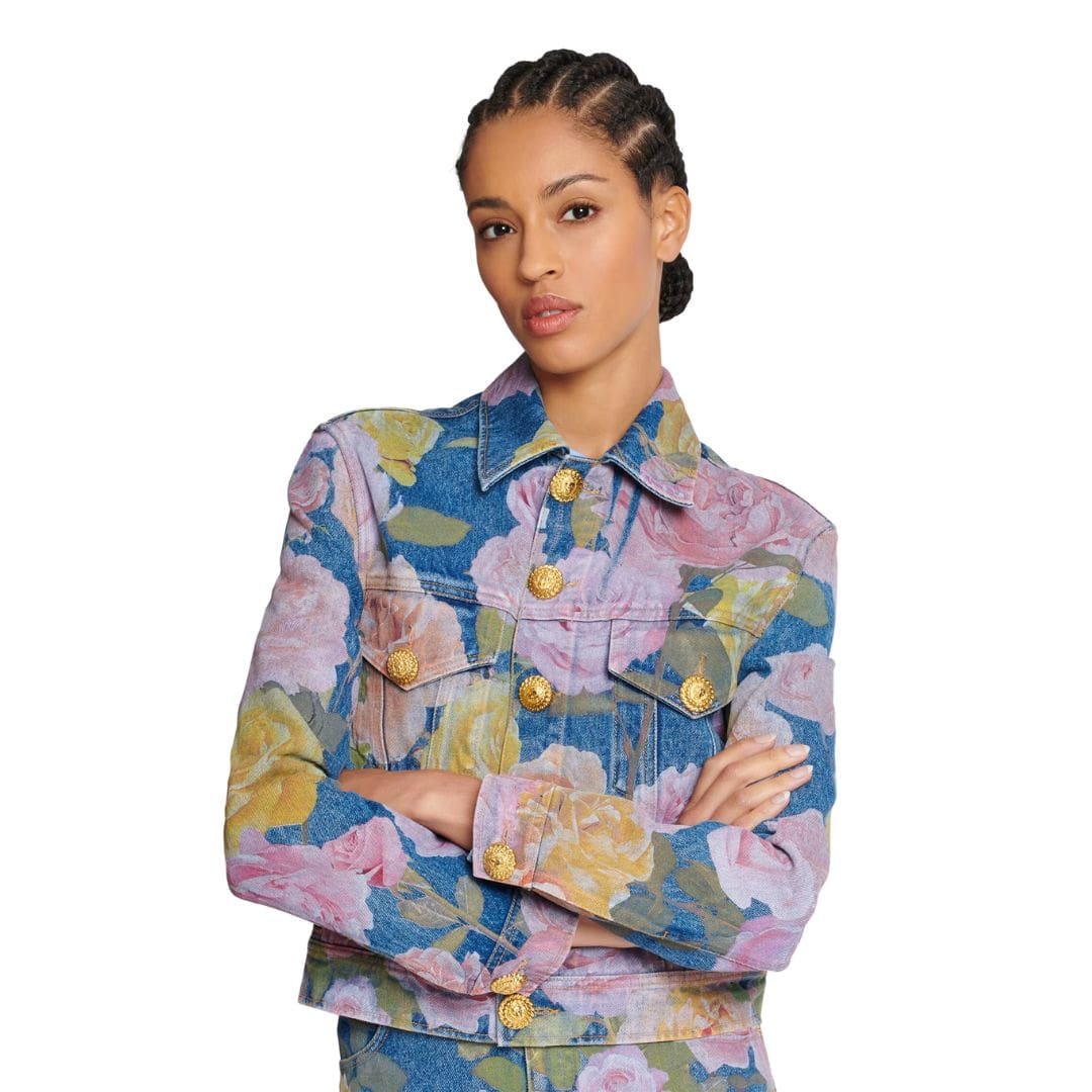 BALMAIN DEINM JACKET WITH PASTEL ROSES