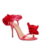 MAGDA BUTRYM DOUBLE RED FLOWER HEEL SANDALS IN FUCHSIA SATIN