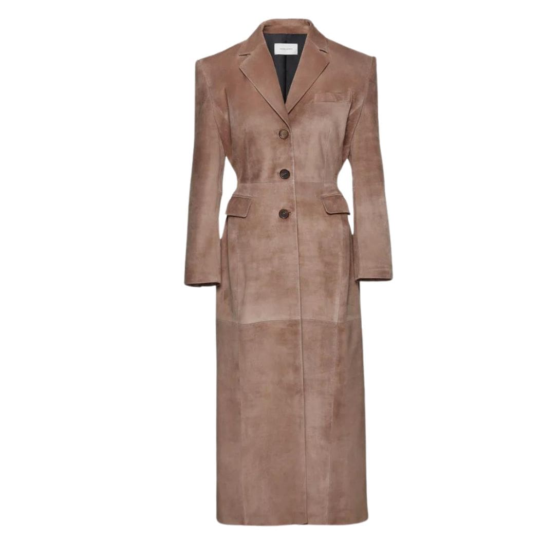 MAGDA BUTRYM SUEDE HOURGLASS COAT IN BROWN