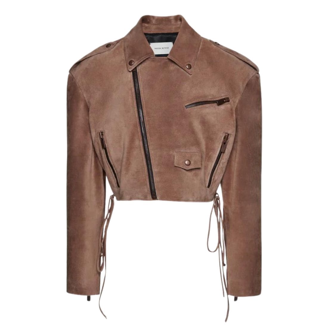 MAGDA BUTRYM CROPPED SUEDE BIKER JACKET IN BROWN