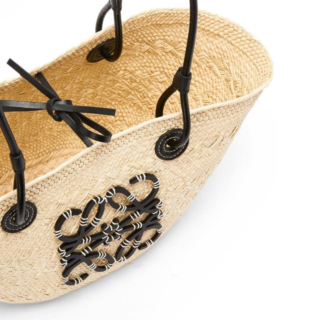 LOEWE SMALL ANAGRAM BASKET BAG IN IRACA PALM AND CALFSKIN