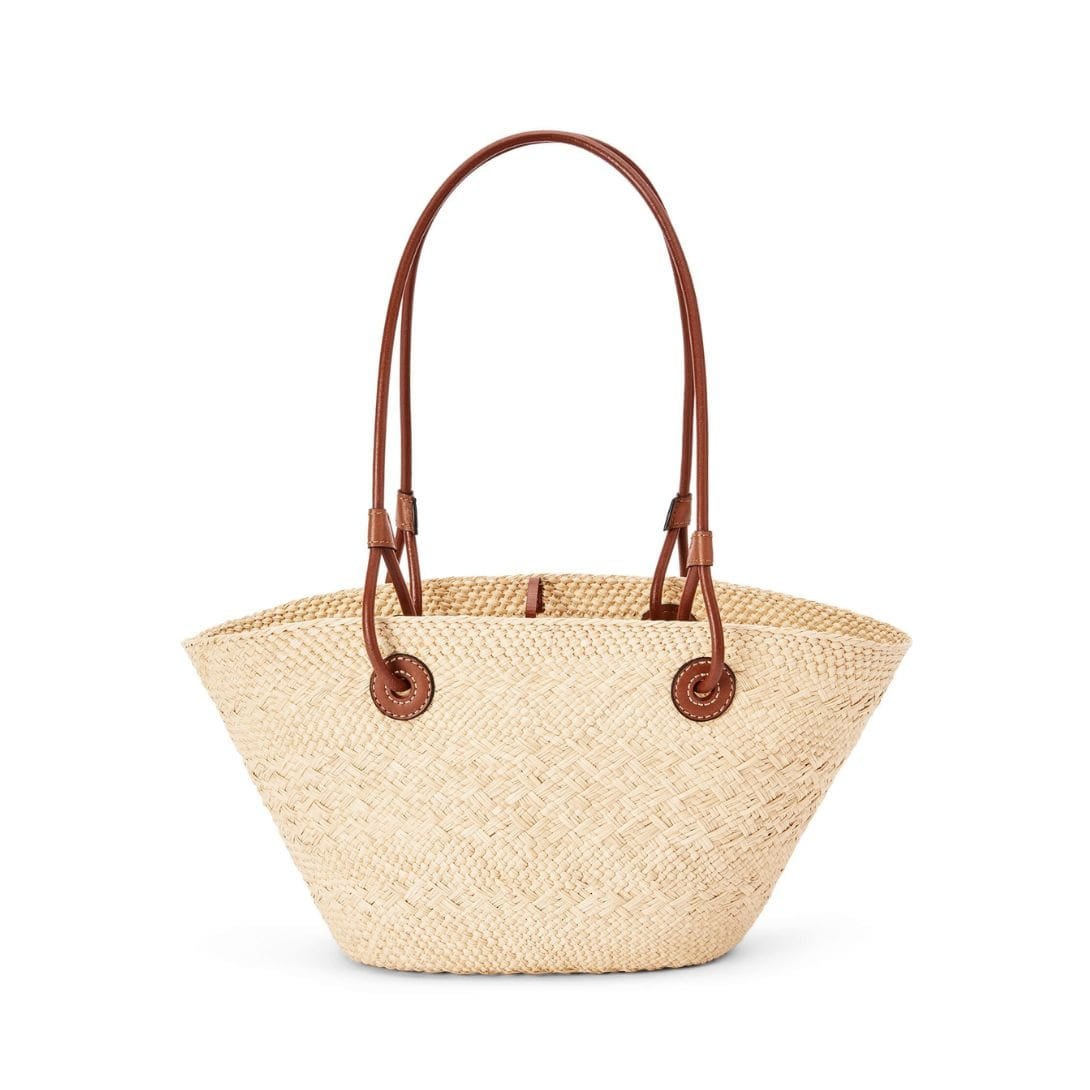LOEWE SMALL ANAGRAM BASKET BAG IN IRACA PALM AND CALFSKIN
