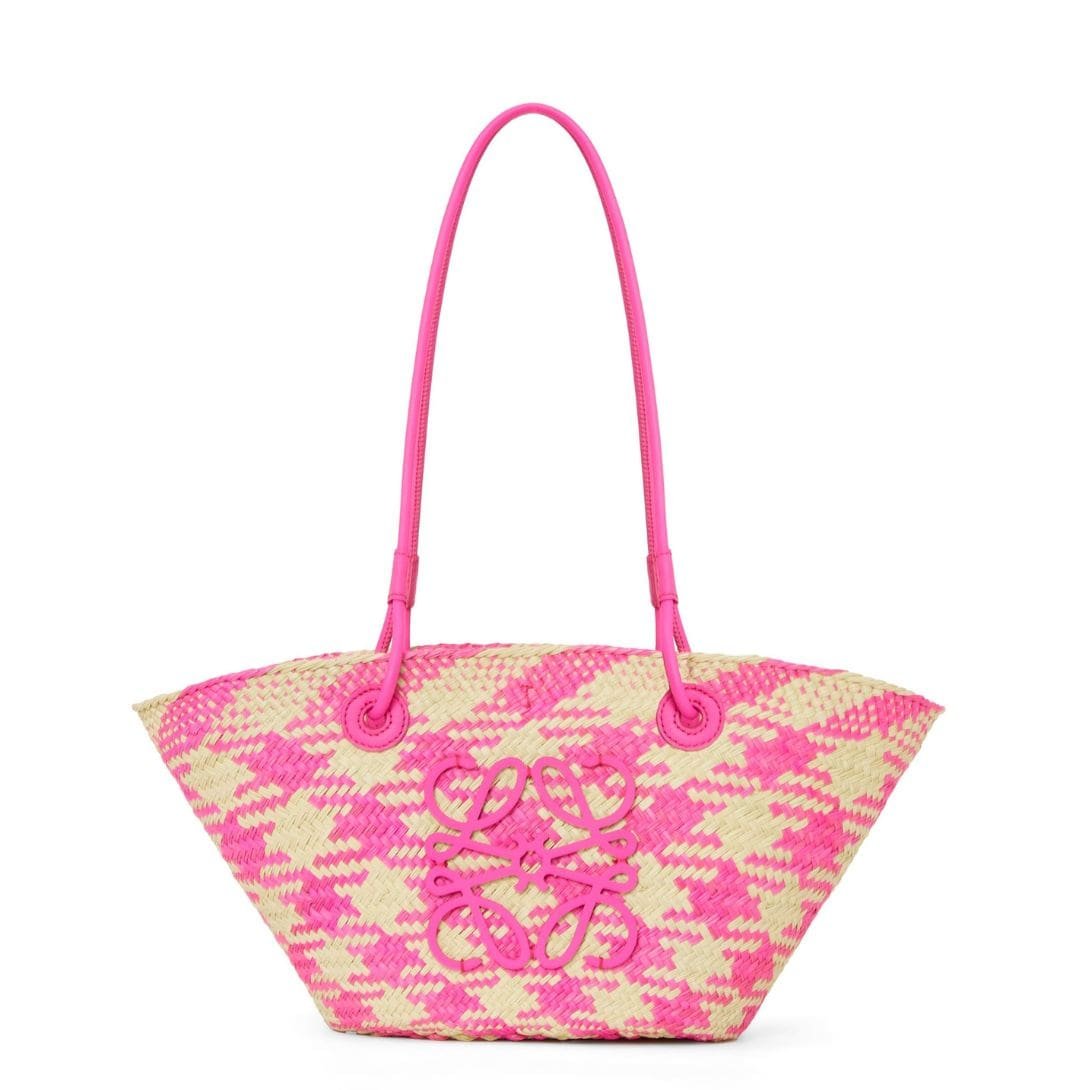 LOEWE SMALL ANAGRAM BASKET BAG IN IRACA PALM AND CALFSKIN