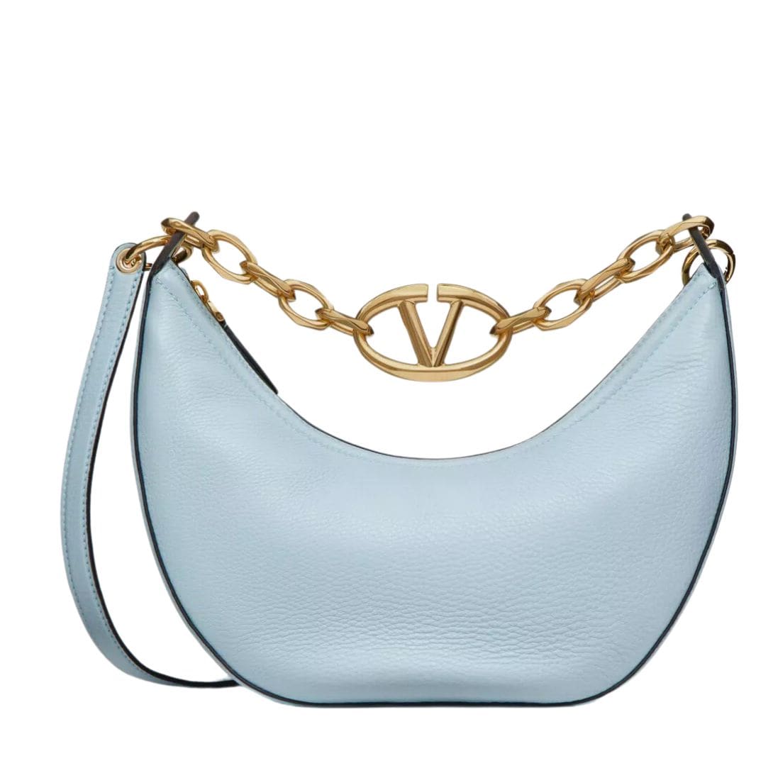 VALENTINO GARAVANI SMALL VLOGO MOON HOBO BAG IN GRAINY CALFSKIN WITH CHAIN