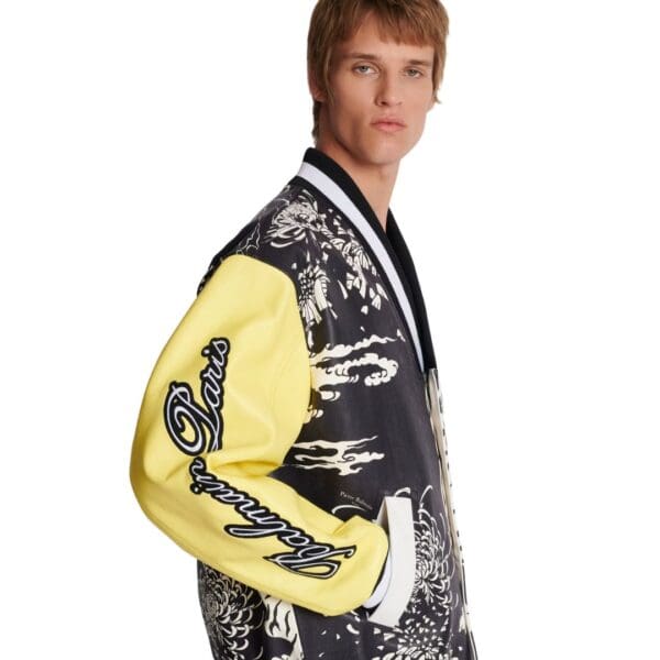  BALMAIN LEATHER VARSITY JACKET WITH TIGER PRINT