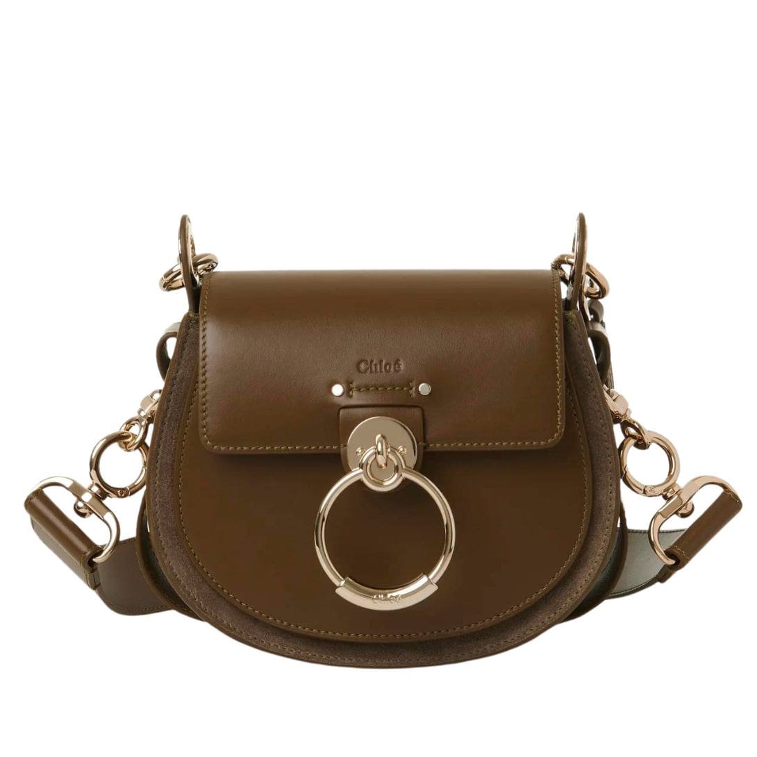 CHLOE SMALL TESS BAG IN SHINY & SUEDE LEATHER DARK KHAKI