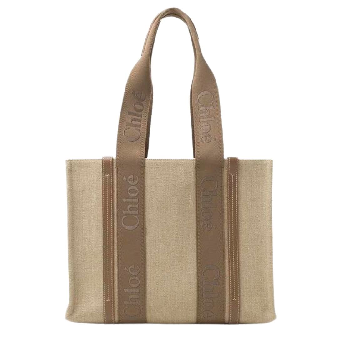 CHLOE WOODY TOTE BAG IN LINEN DARK NUT