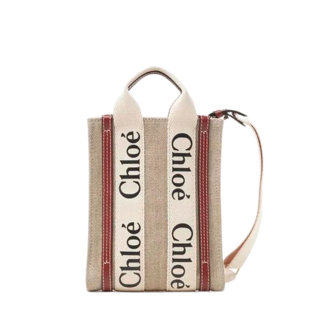 CHLOE MINI WOODY NORTH/SOUTH TOTE BAG IN LINEN WHITE & BROWN