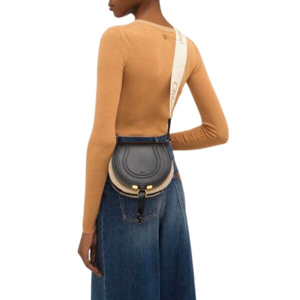 CHLOE SMALL MARCIE SADDLE BAG IN LINEN & SMOOTH LEATHER BLACK