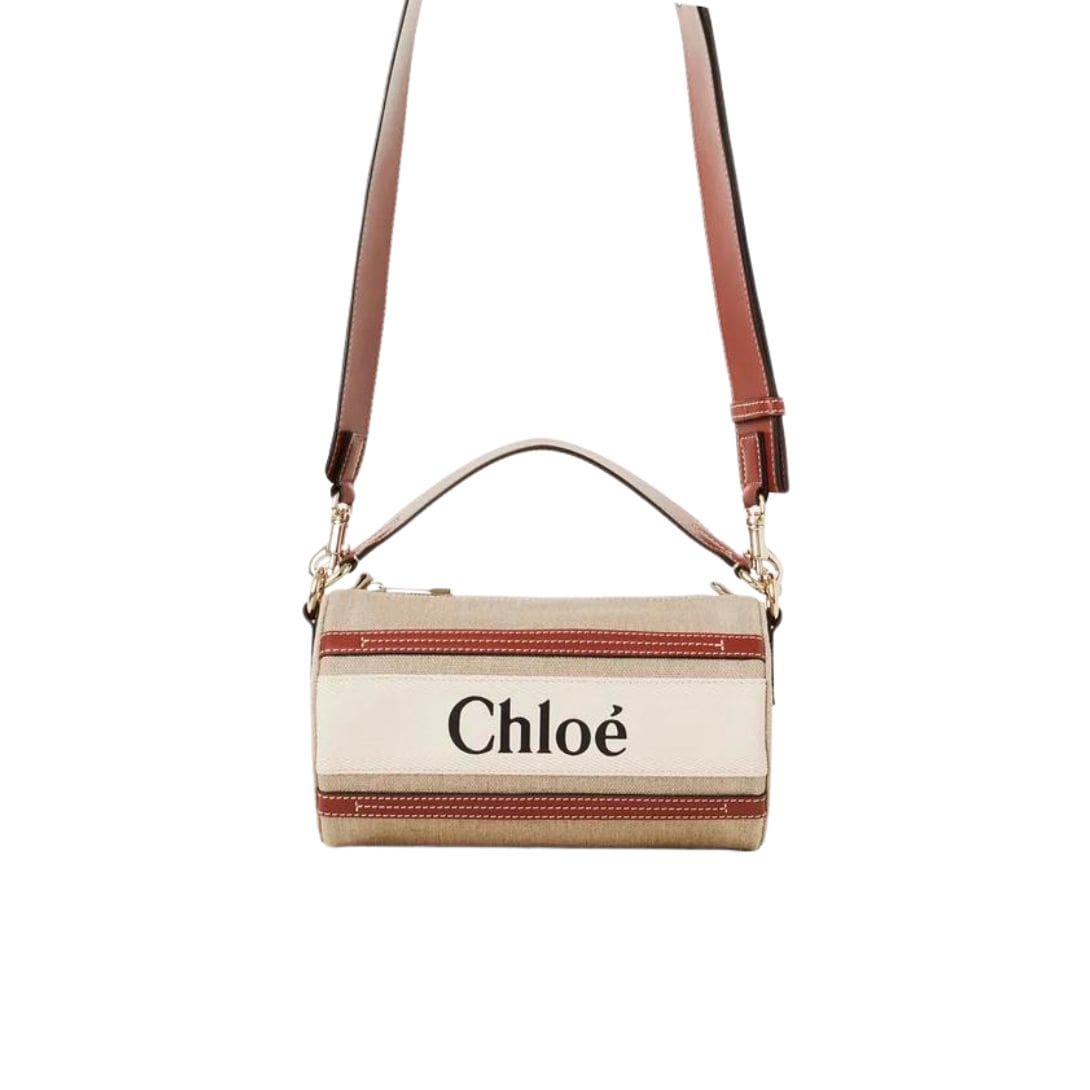 CHLOE TUBE SHOULDER BAG IN LINEN & SMOOTH LEATHER WHITE-BROWN