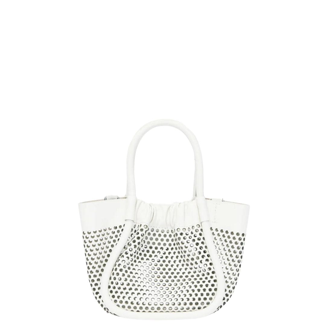 PROENZA EXTRA SMALL RUCHED TOTE IN PERFORATED LEATHER OPTIC WHITE