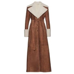 MAGDA BUTRYM LONG SHEARLING BELTED COAT IN BEIGE