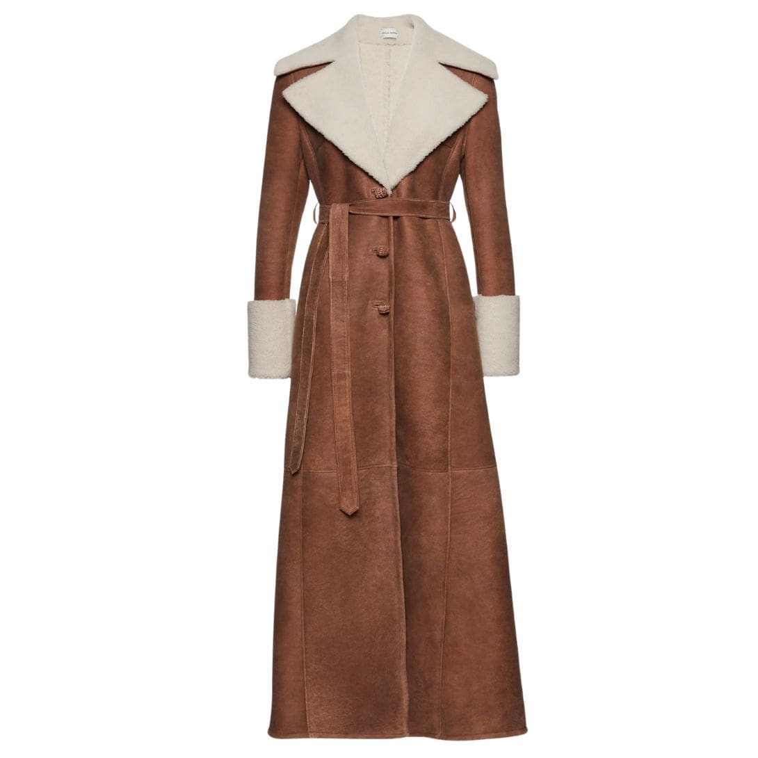 MAGDA BUTRYM LONG SHEARLING BELTED COAT IN BEIGE