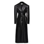 MAGDA BUTRYM LONG FAUX FUR TRIM BELTED LEATHER COAT IN BLACK
