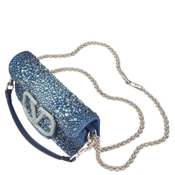 SMALL VALENTINO GARAVANI LOCÒ DENIM SHOULDER BAG WITH RHINESTONES