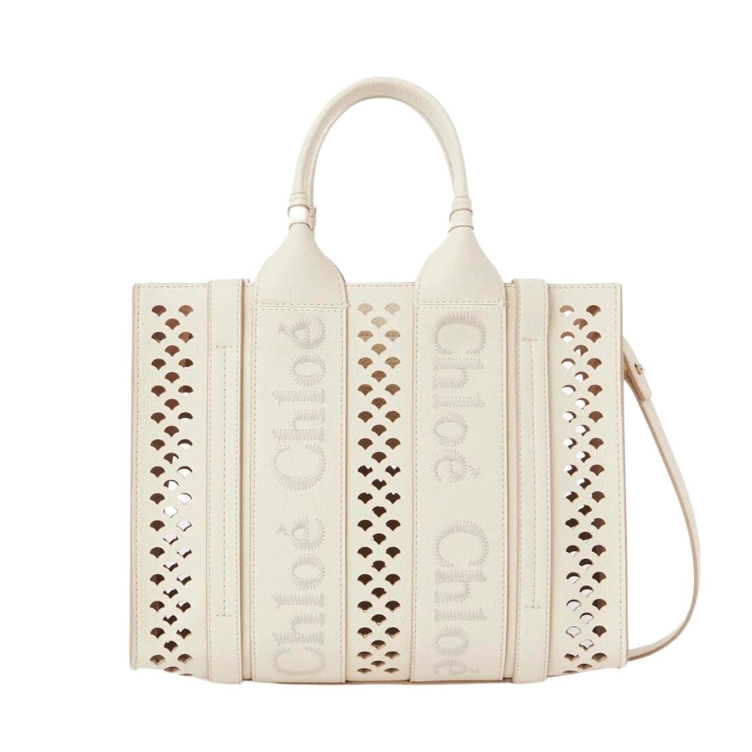 CHLOE SMALL WOODY TOTE BAG WITH STRAP MISTY IVORY