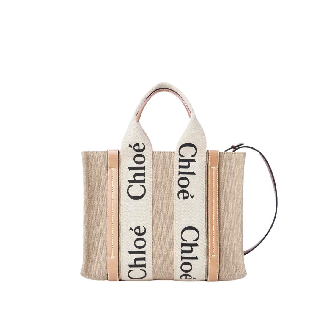 CHLOE SMALL WOODY TOTE BAG WHITE AND BEIGE