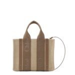 CHLOE SMALL WOODY TOTE BAG IN LINEN DARK NUT