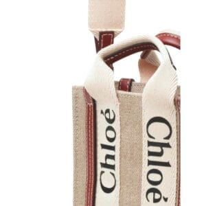 CHLOE MINI WOODY NORTH/SOUTH TOTE BAG IN LINEN WHITE & BROWN