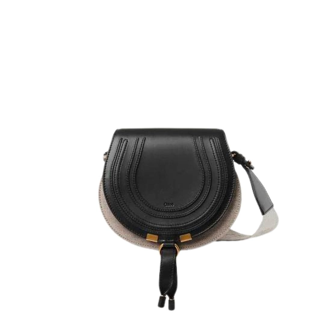 CHLOE SMALL MARCIE SADDLE BAG IN LINEN & SMOOTH LEATHER BLACK