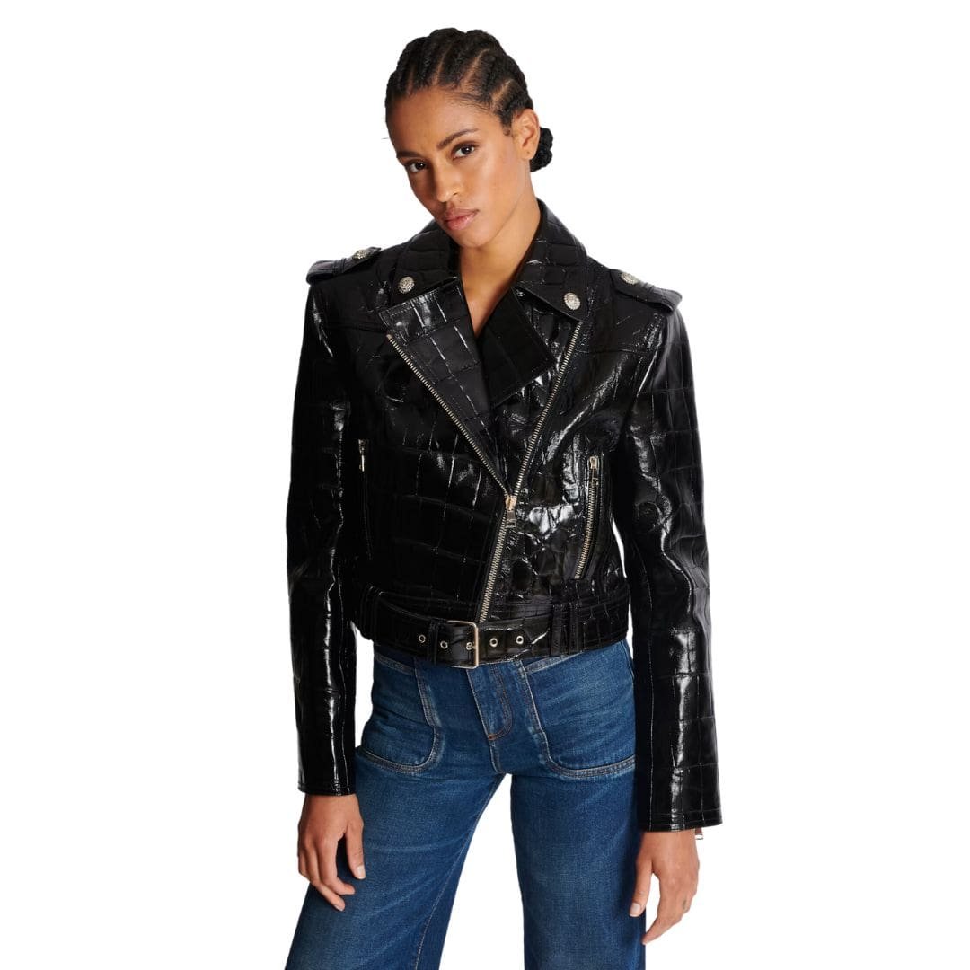 BALMAIN  CROCODILE EFFECT LEATHER BIKER JACKET