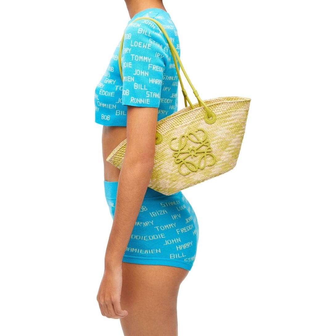 LOEWE SMALL ANAGRAM BASKET BAG IN IRACA PALM AND CALFSKIN