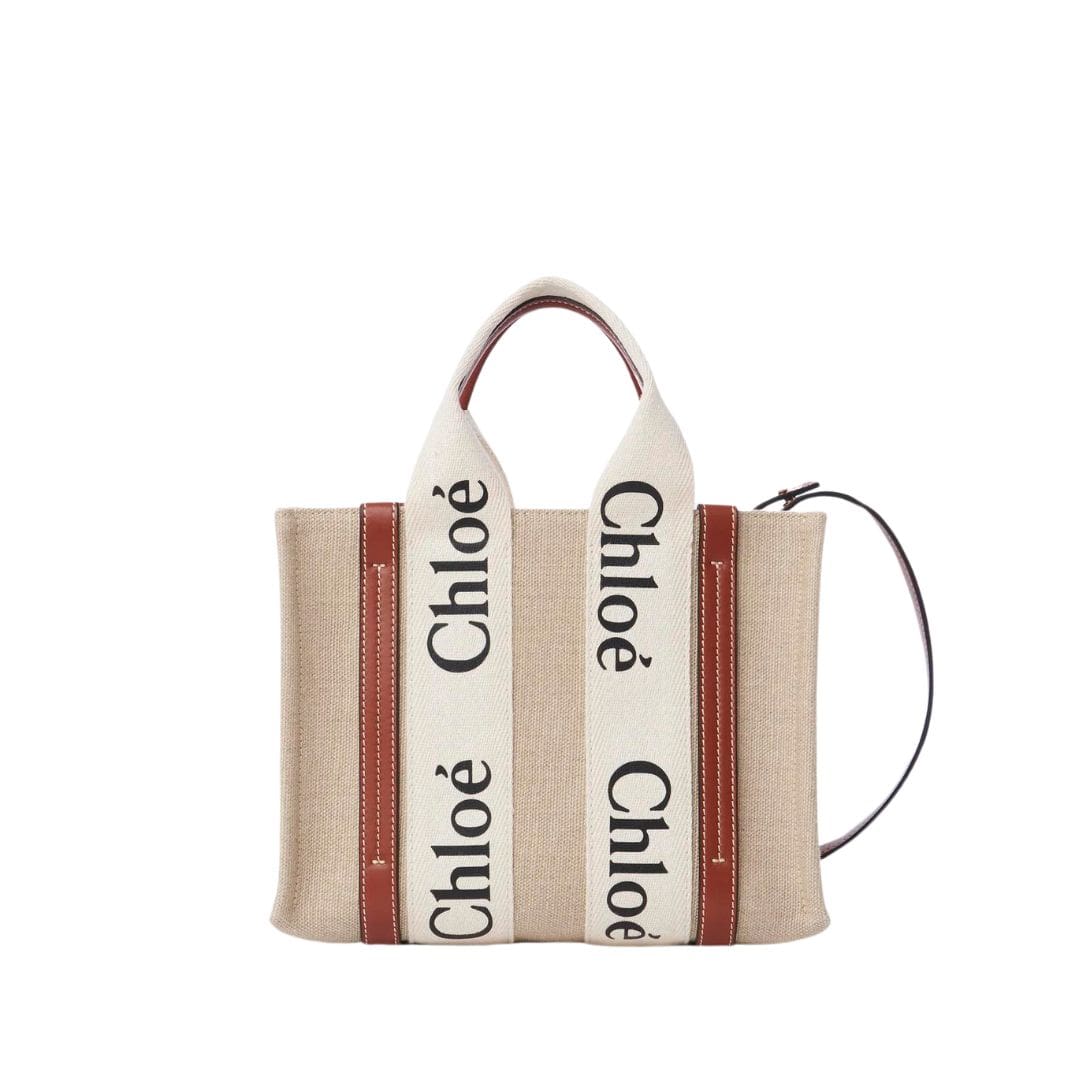 CHLOE SMALL WOODY TOTE BAG WHITE AND BROWN