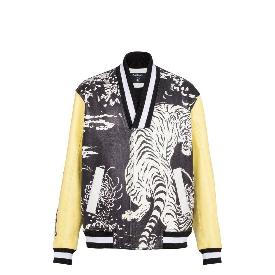 Leather varsity jacket with Tiger print