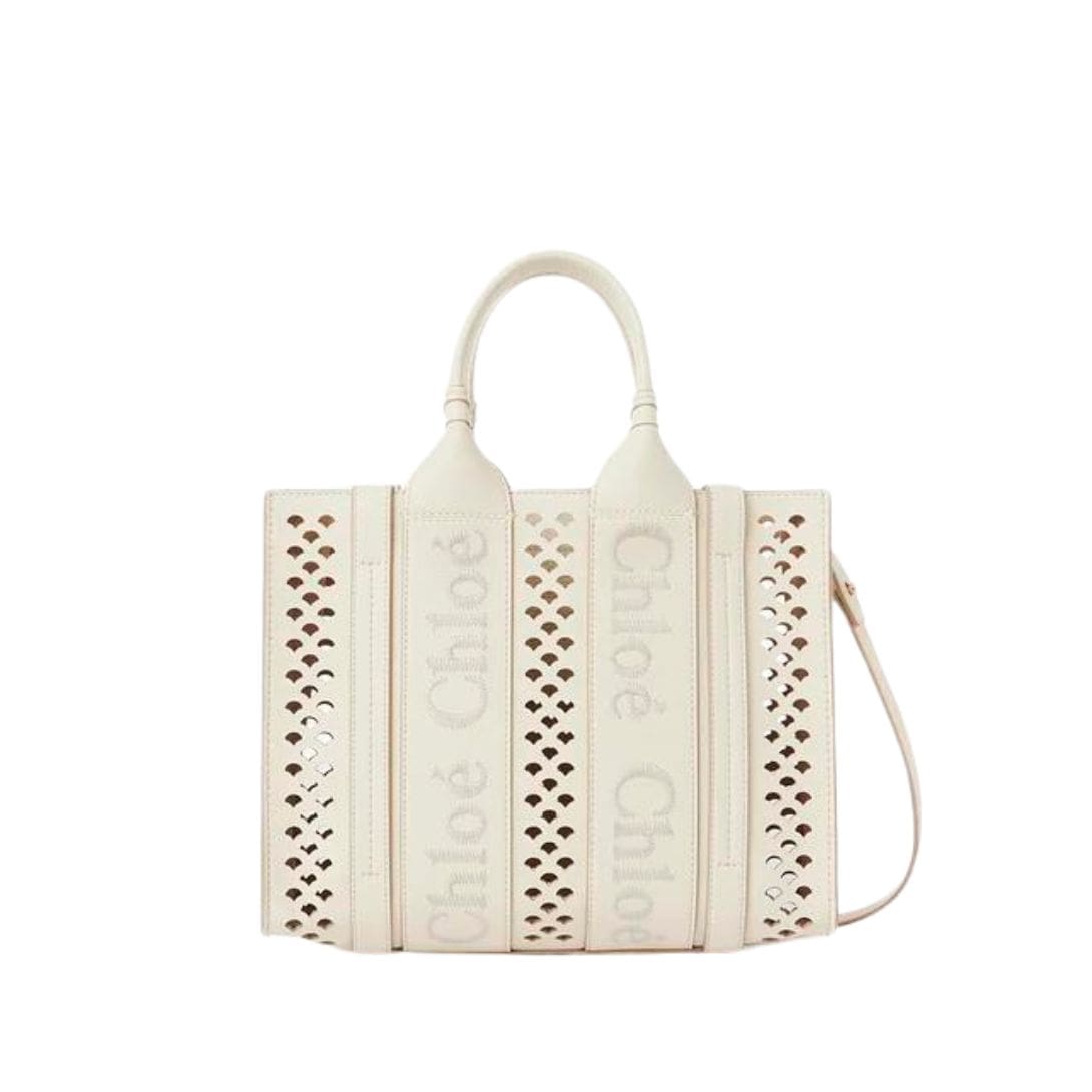 CHLOE SMALL WOODY TOTE BAG WITH STRAP MISTY IVORY