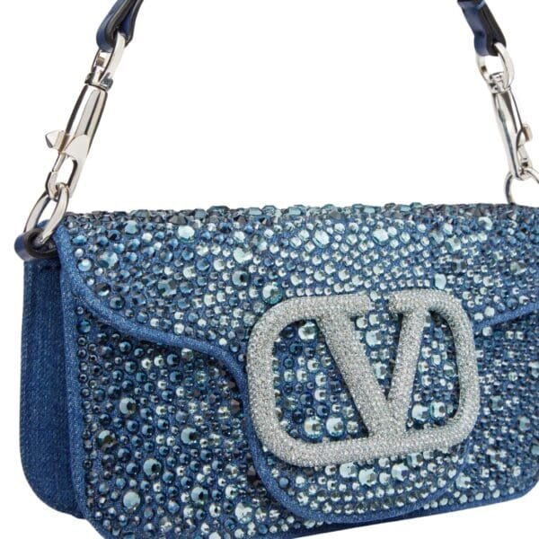 SMALL VALENTINO GARAVANI LOCÒ DENIM SHOULDER BAG WITH RHINESTONES