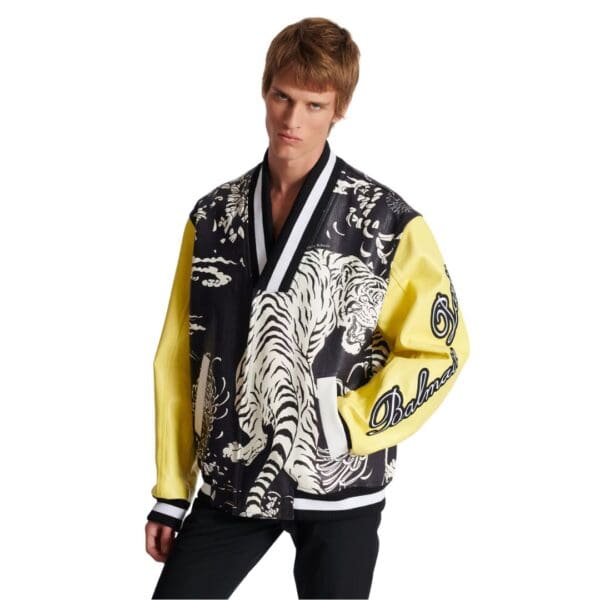  BALMAIN LEATHER VARSITY JACKET WITH TIGER PRINT
